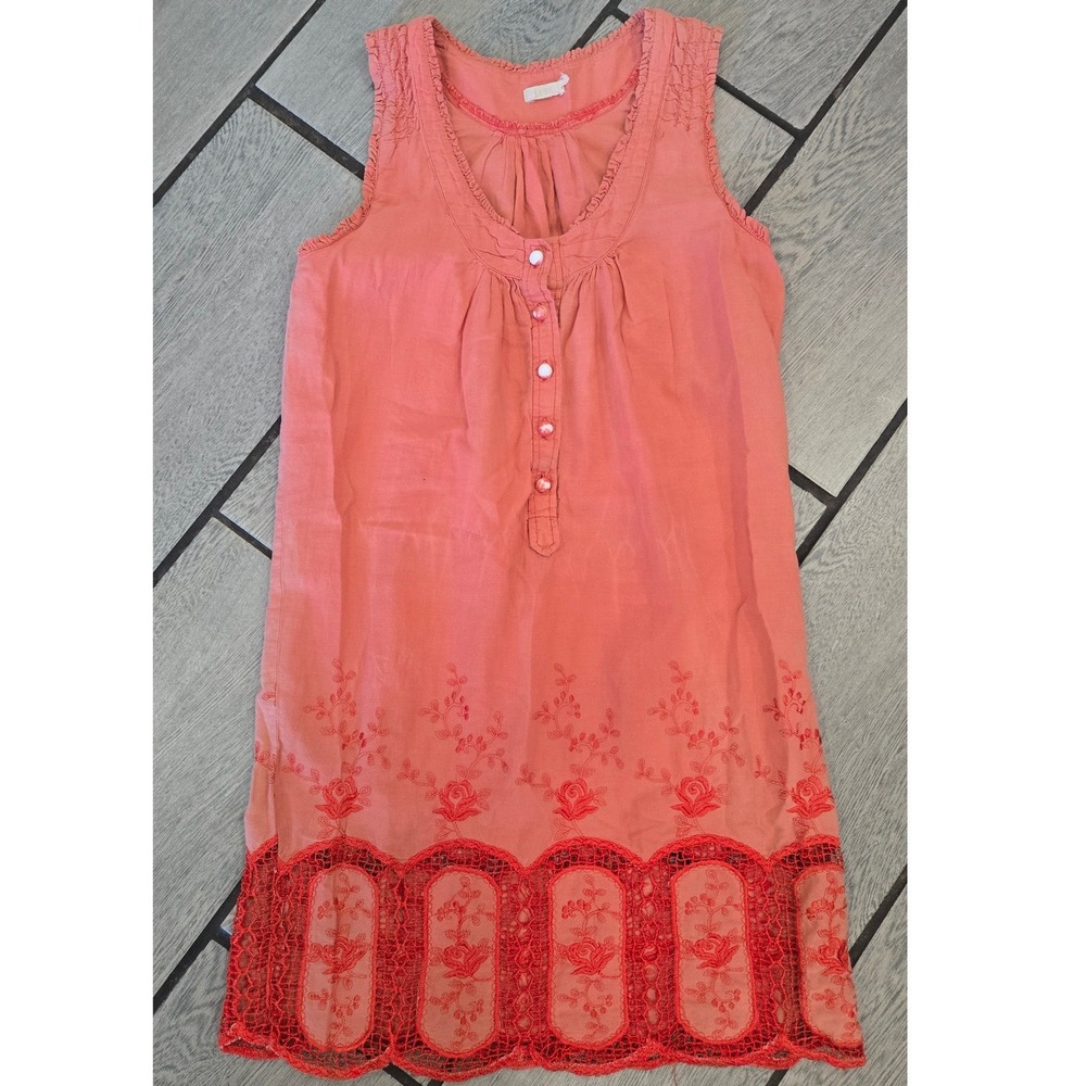 Lush Coral Orange Embroidered Crochet Lace Hem Sleeveless Tunic Mini Dress Small